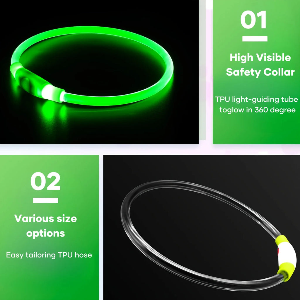 Coleira de LED para cães, luminosa, anti-perda, recarregável via USB.