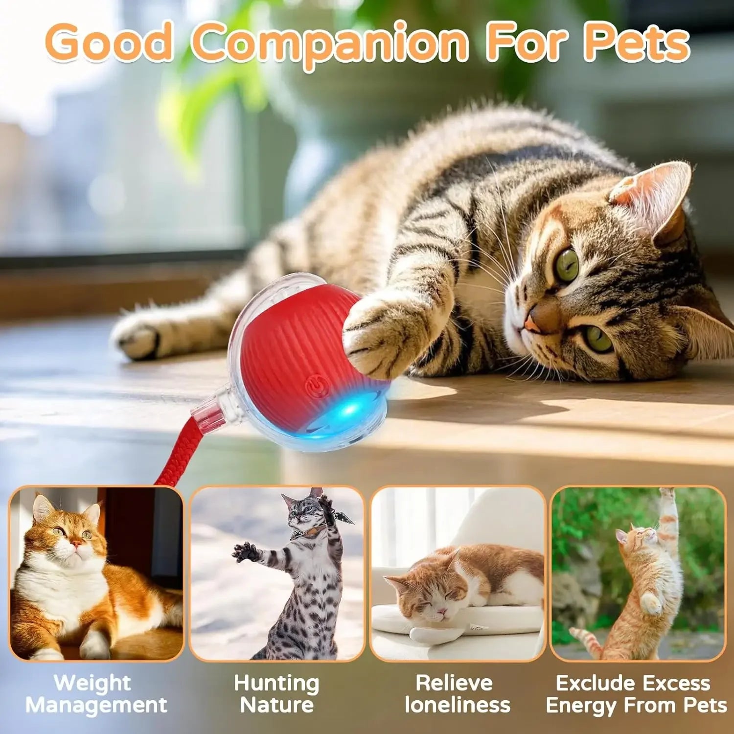Bola interativa para cães e gatos, bola rolante automática com cauda falsa