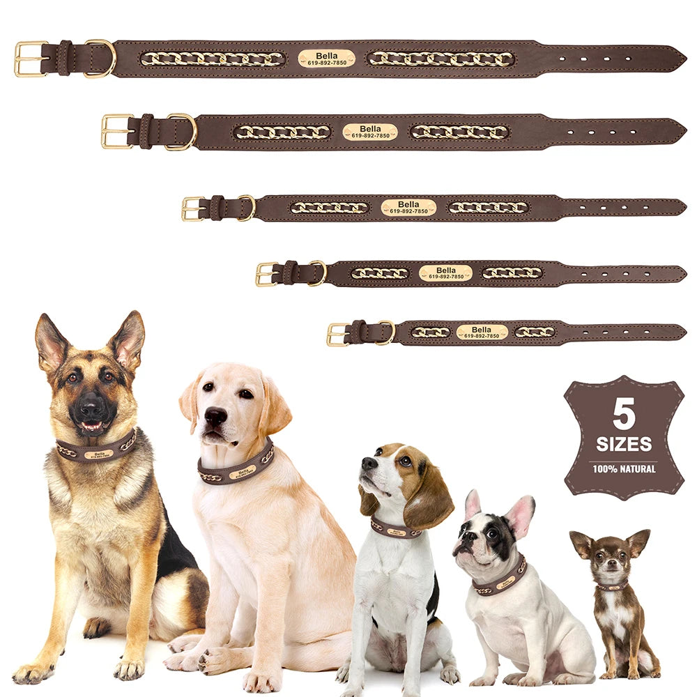 Coleiras de couro personalizadas com placa de identificação para cães