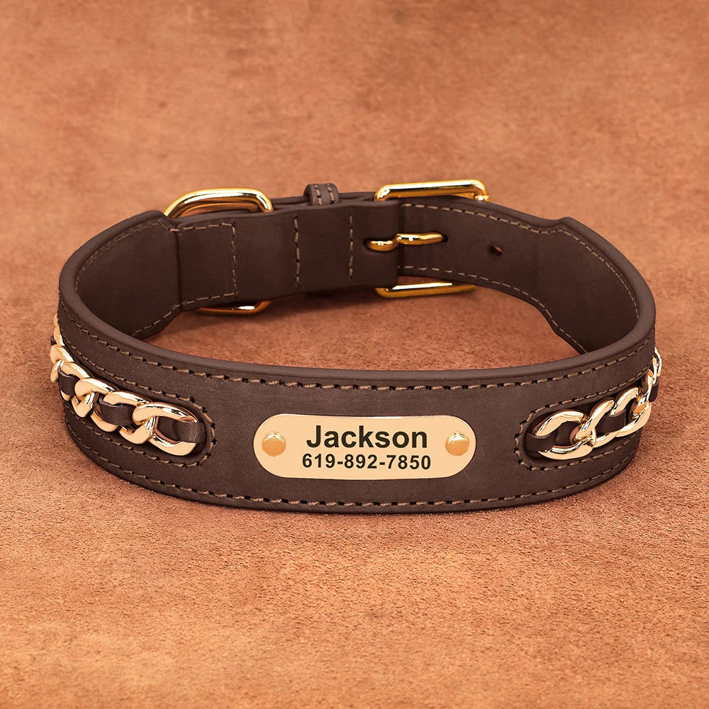 Coleiras de couro personalizadas com placa de identificação para cães