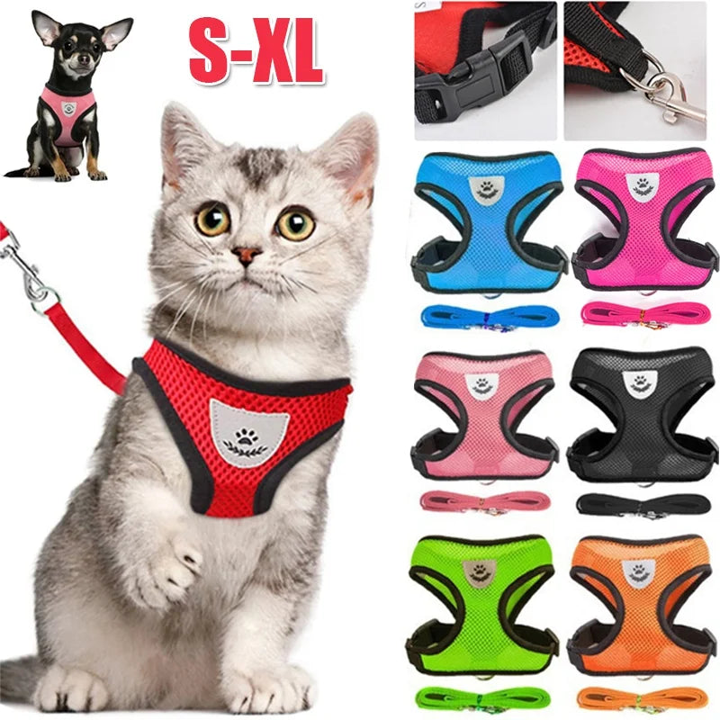 Colete peitoral para cães e gatos com guia ajustável