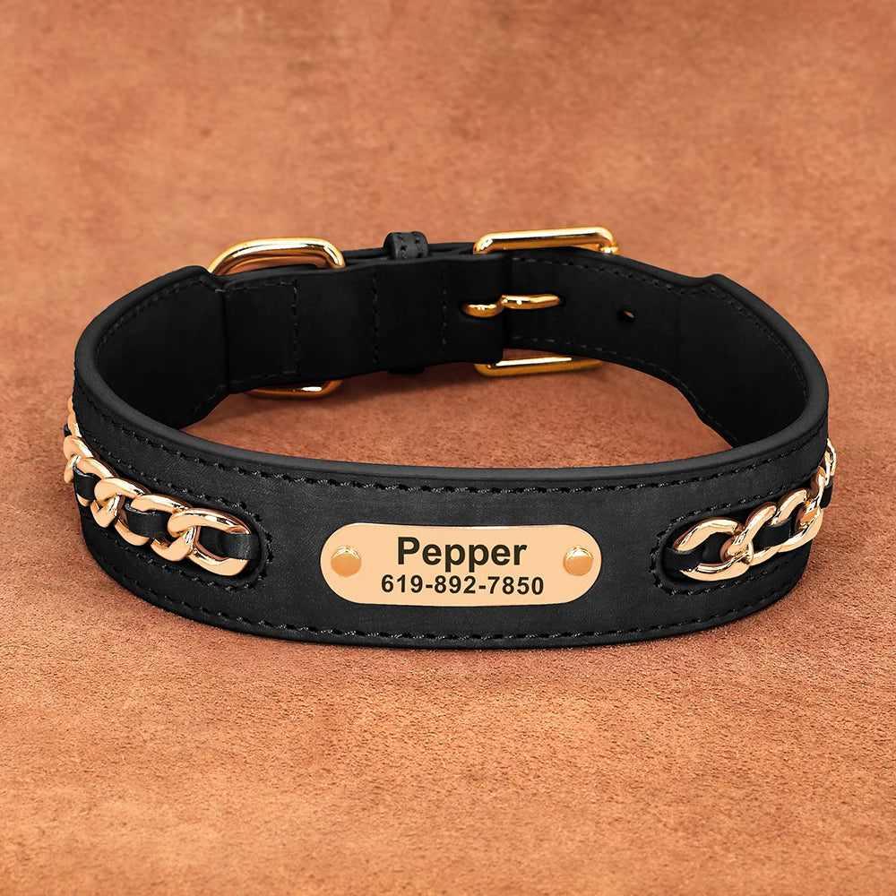 Coleiras de couro personalizadas com placa de identificação para cães