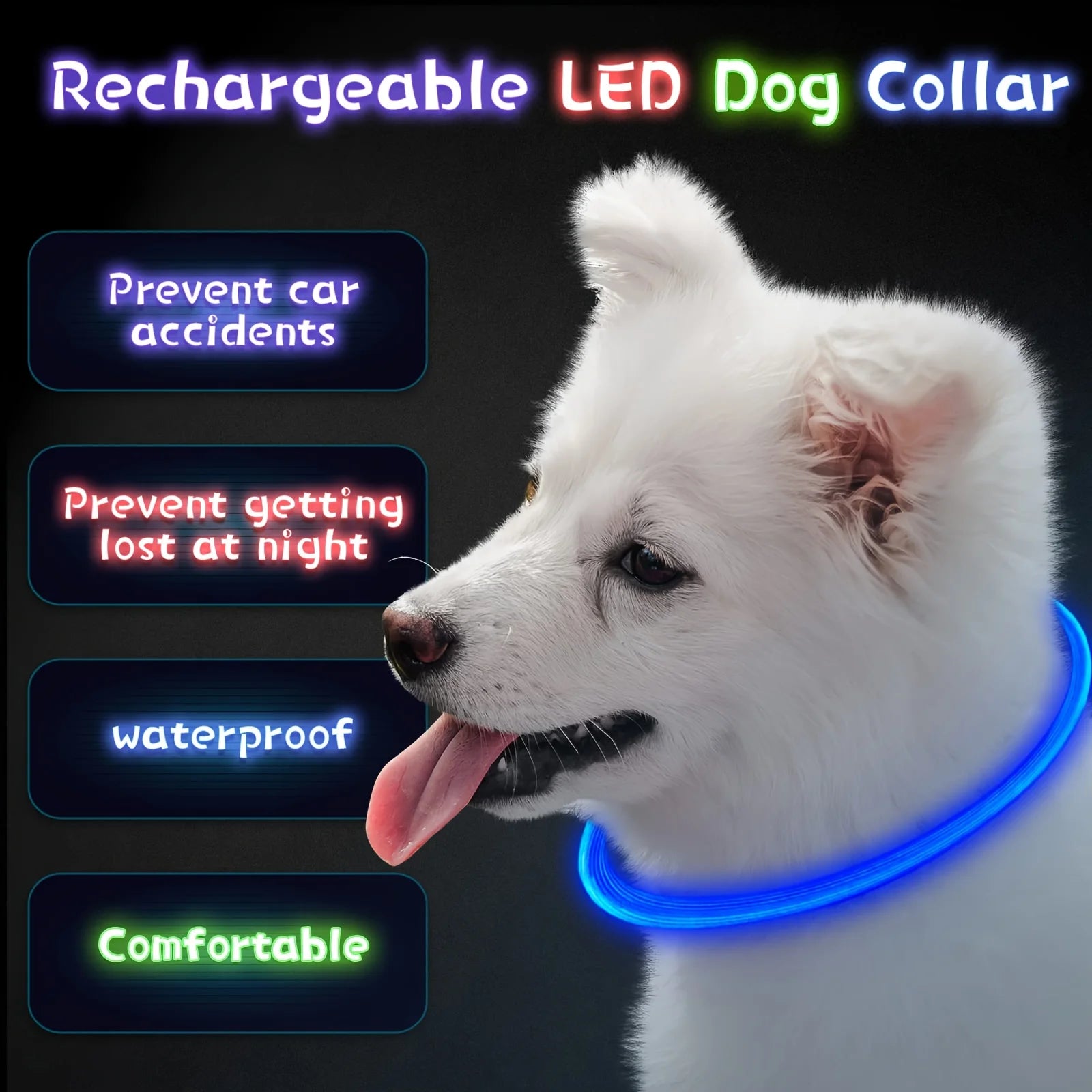 Coleira de LED para cães, luminosa, anti-perda, recarregável via USB.