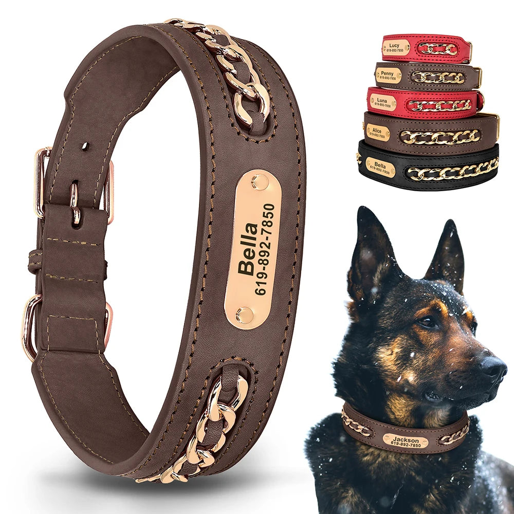 Coleiras de couro personalizadas com placa de identificação para cães