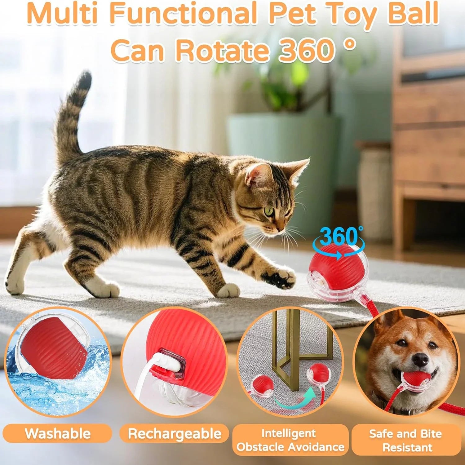 Bola interativa para cães e gatos, bola rolante automática com cauda falsa